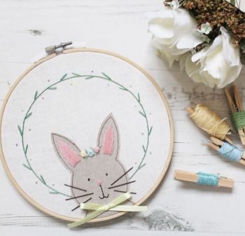 Bunny Applique Embroidery Hoop with Floral Crown