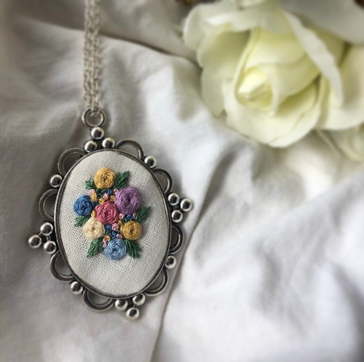 Embroidered Large Silver Oval Pendant