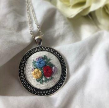 Embroidered Large Silver Round Pendant