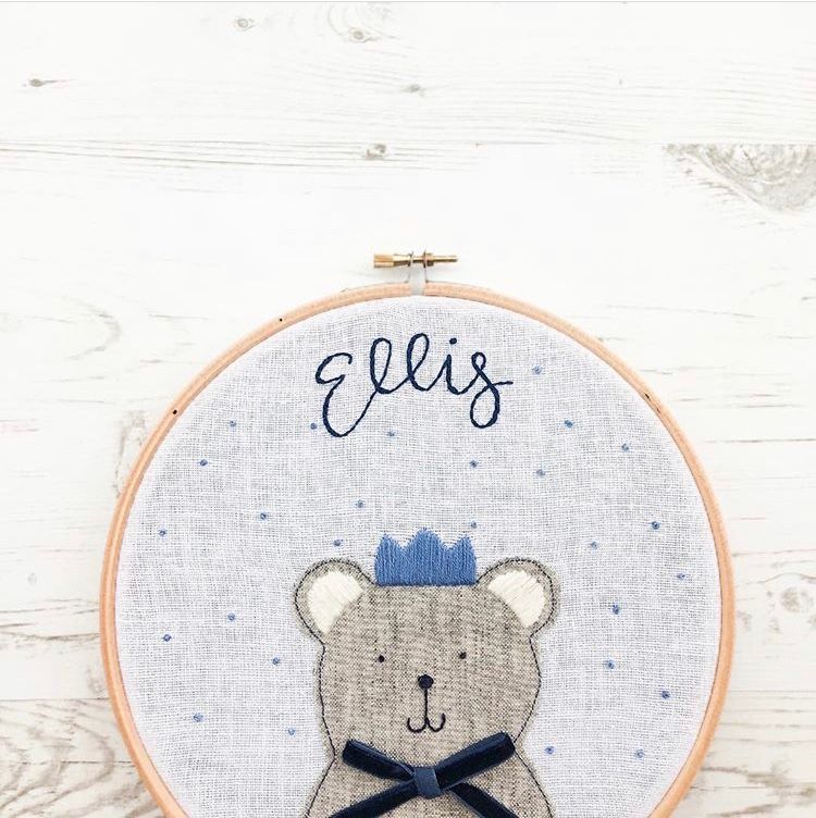 Mr Bear Applique Hoop with French Knots