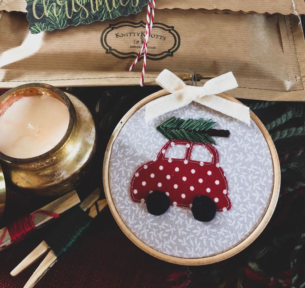 Whimsical Red Christmas Car with Embroidered Christmas Tree