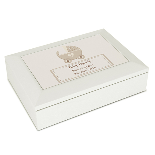 Stitched Pram White Wooden Keepsake Box