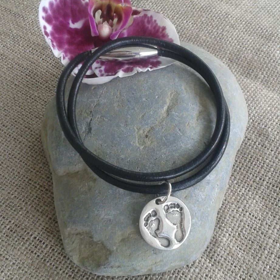 Leather bracelet with handprint ot footprint charm (various shapes)