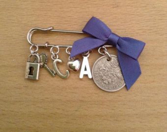Wedding Personalised Lucky Sixpence Pin Brooch