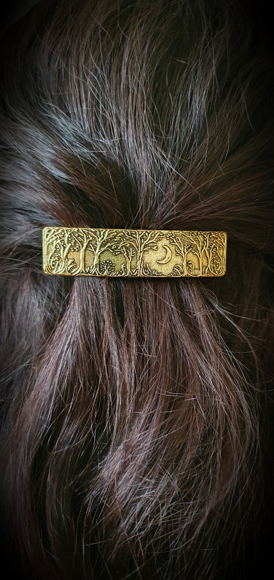 Embossed Woodland Moon Hair Barrette - Antique Gold Celtic Hair Slide