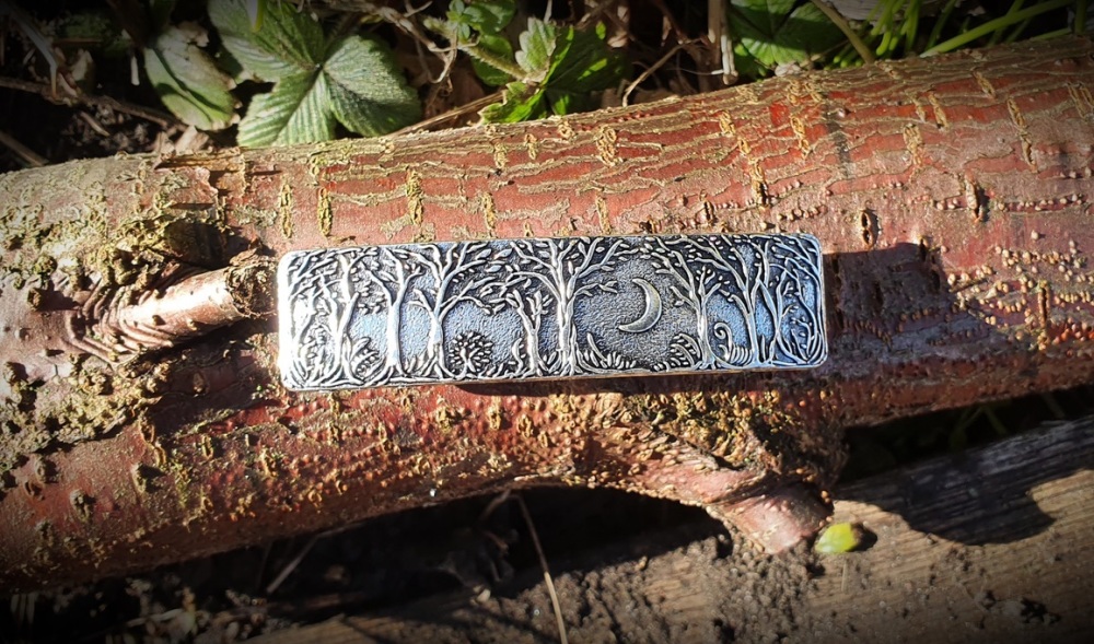 Embossed Woodland Celtic Moon Barrette Hair Slide - Antique Silver