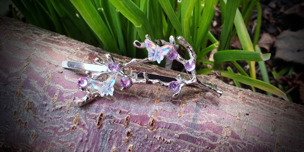 Silver Branch Hair Clip with Butterflies & Lilac Jewels