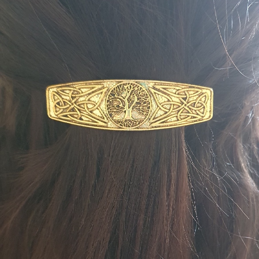 Embossed Celtic Tree Barrette Hairslide - Antiue Gold