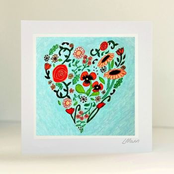 Turquoise Heart of Flowers Card