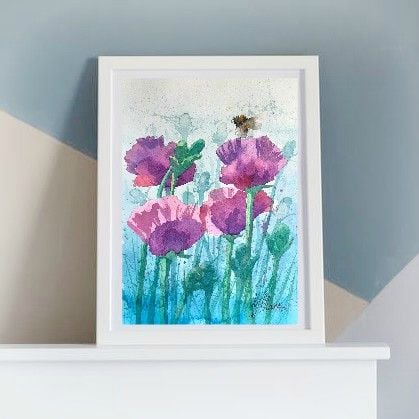 Oriental Poppies and Bee Print