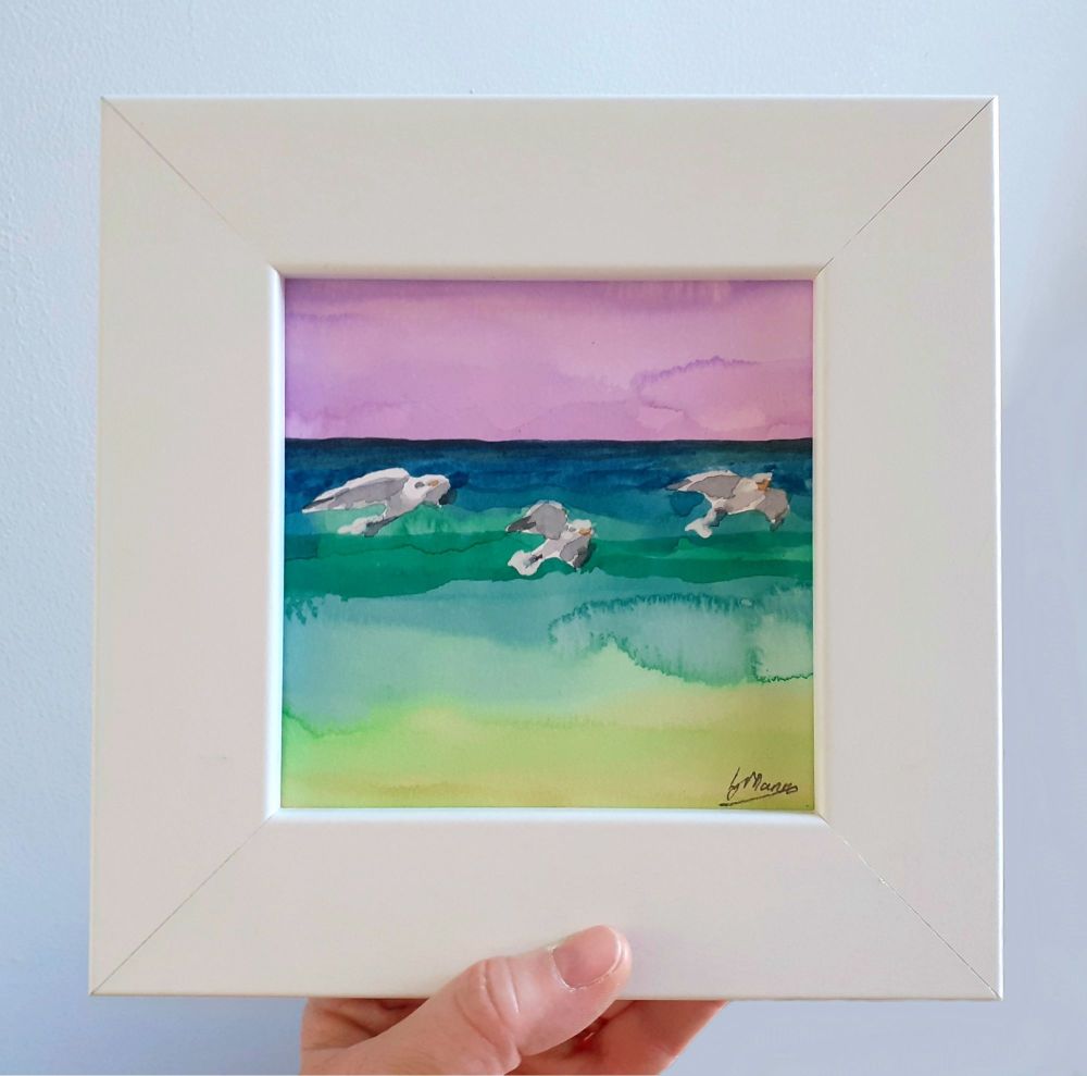 Three Seagulls Framed Original Watercolour