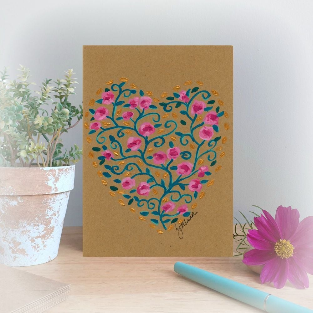 Heart of Red Roses Hand Painted Card