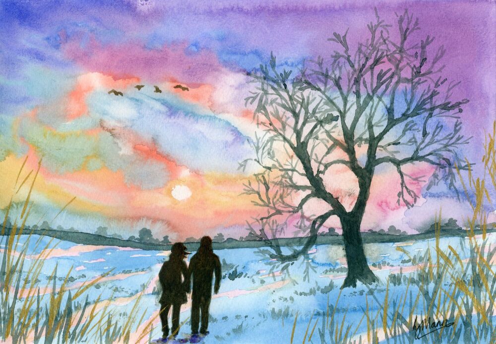 Winter Walk Watercolour, Original painting, Sunset, Snowy Landscape