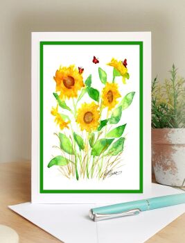 Sunflowers and Red Butterflies Card