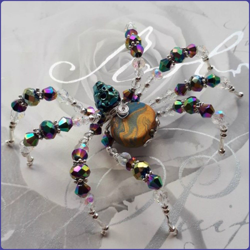 Handmade Crystal & Marbled Polymer Clay Beaded Spider Teal