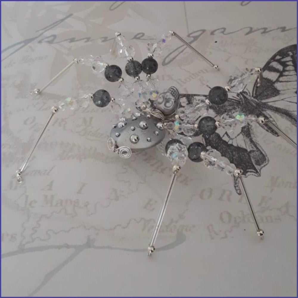 Beaded Spider Handmade Home Decor Gift Grey Silver