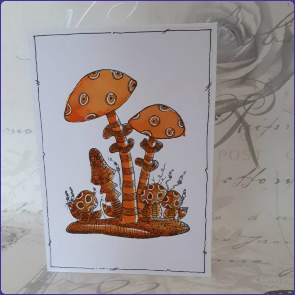Zentangle Inspired Toadstool Greeting Card Notecard Watercolour