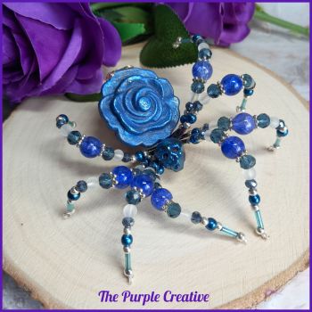 Blue Rose Beaded Spider Brooch Handmade Jewellery