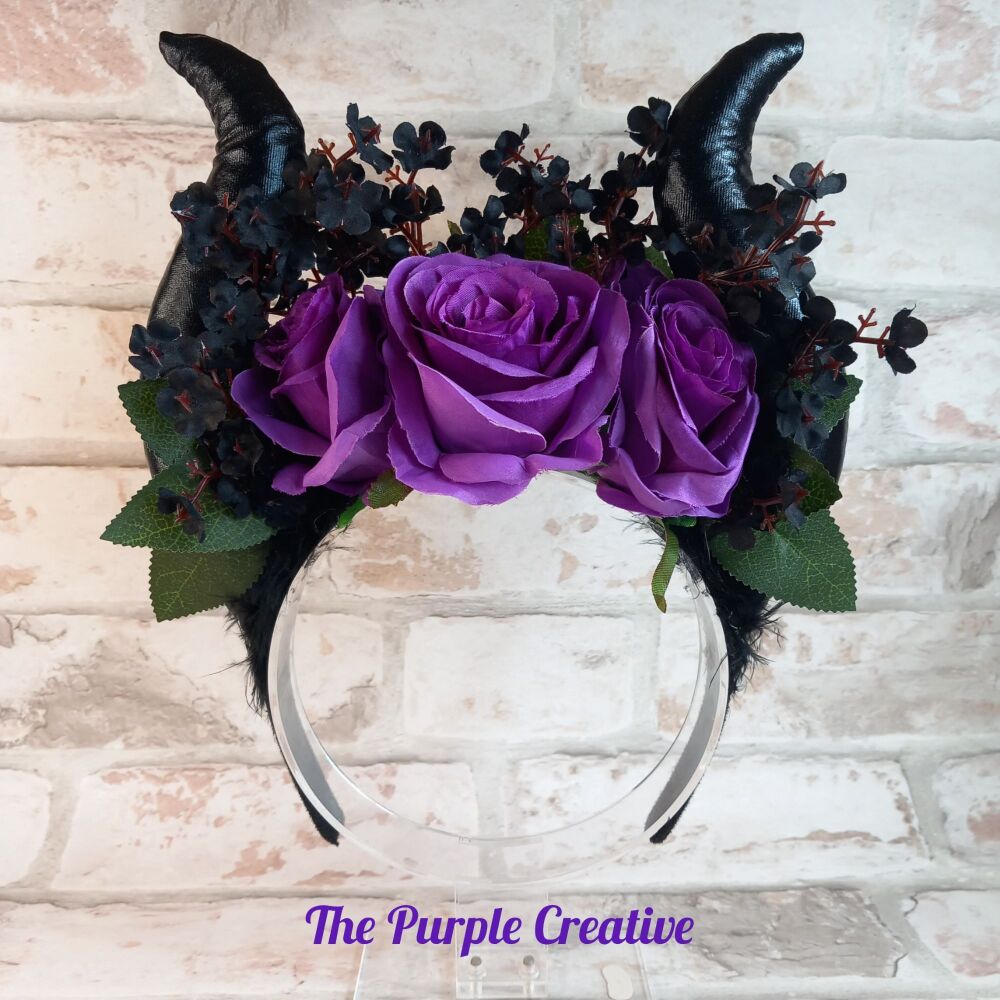 Goth Steampunk Horns Floral Roses Headband Headdress Crown