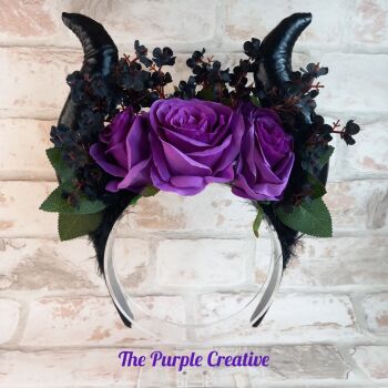 Goth Steampunk Halloween Horns Floral Roses Headband Headdress Crown
