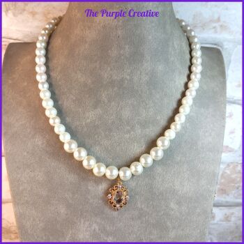 Glass Pearl Necklace Crystal Pendant Victorian Vintage Costume Jewellery Gift