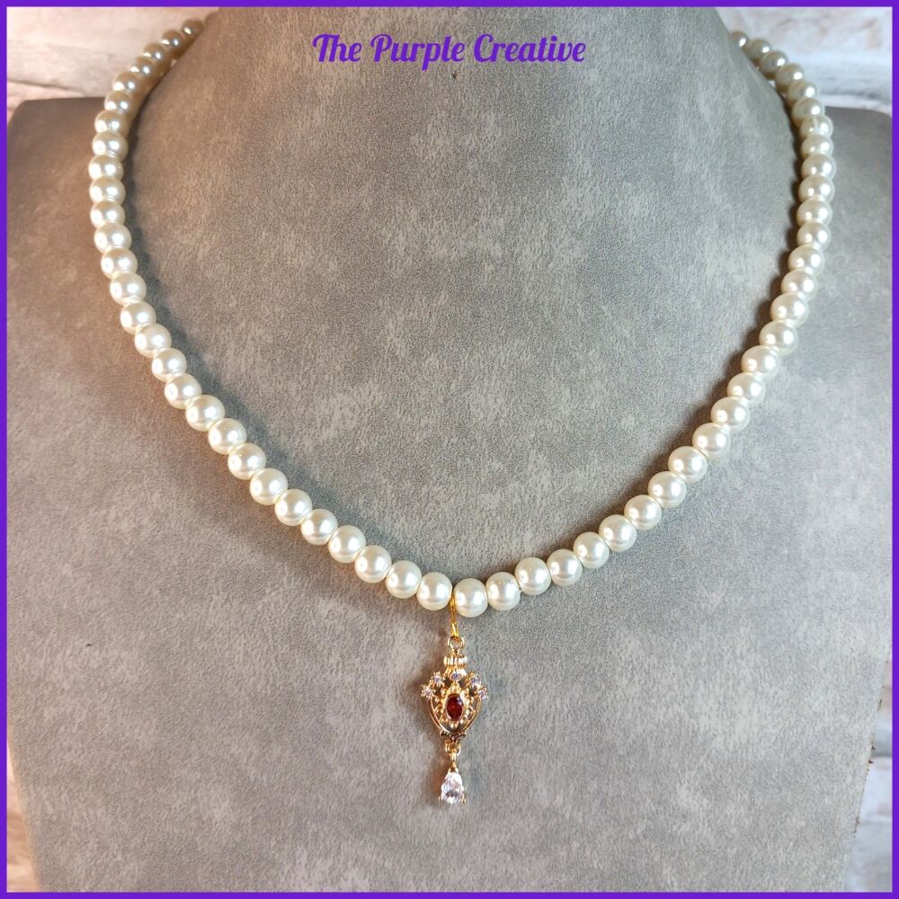 Glass Pearl Necklace Crystal Pendant Victorian Vintage Jewellery Gift