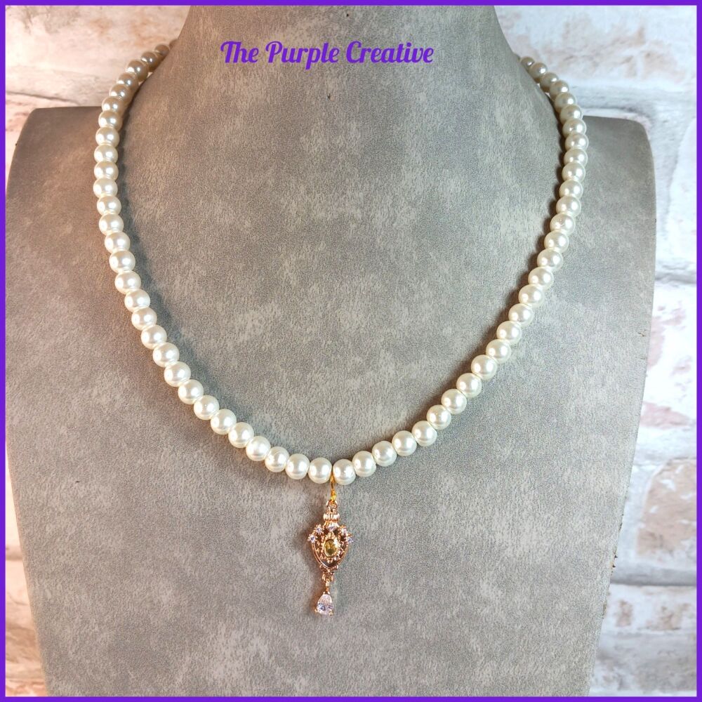 Glass Pearl Necklace Crystal Pendant Costume Jewellery Victorian Vintage Gi
