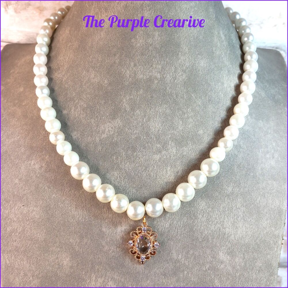 Glass Pearl Necklace Crystal Pendant Costume Jewellery Gift Victorian Vinat