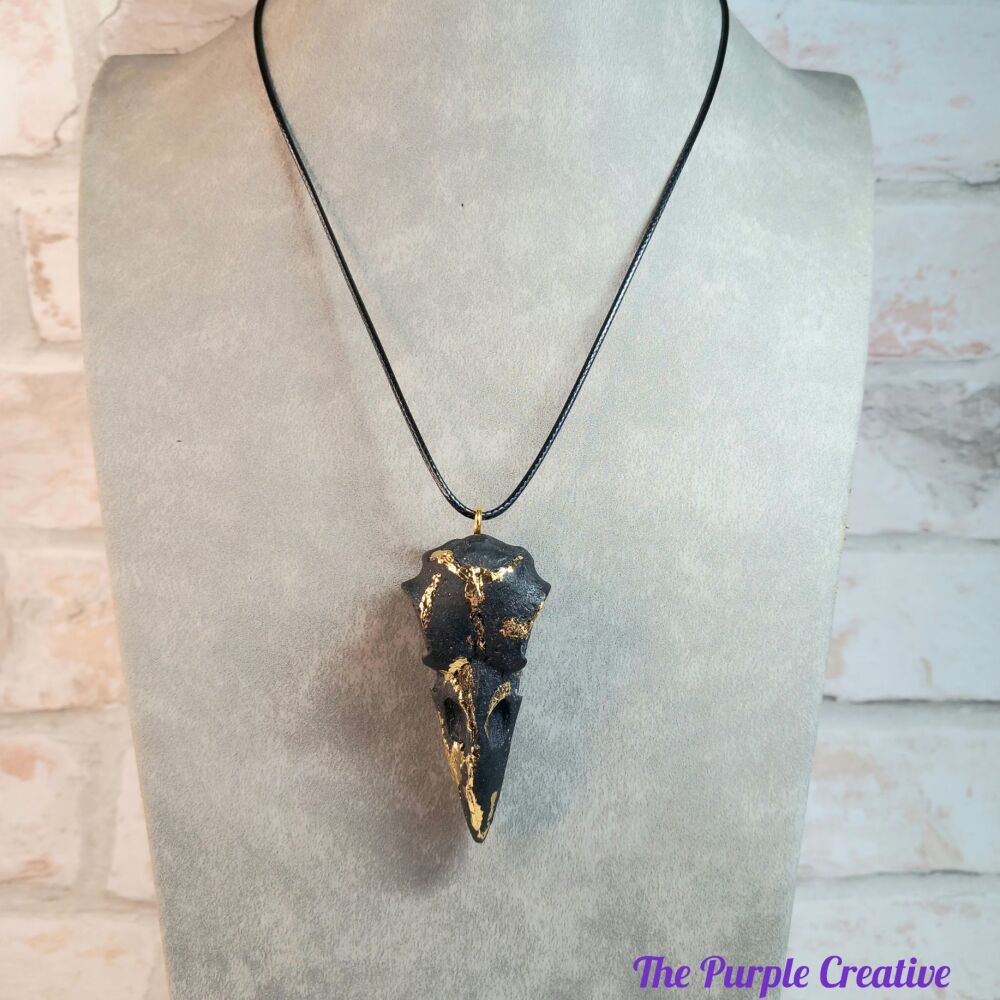 Resin Gold Leaf Raven Bird Skull Pendant Necklace Gift