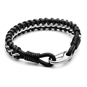 Tribal Men’s Wax Cord, Steel & Leather Bracelet - Black