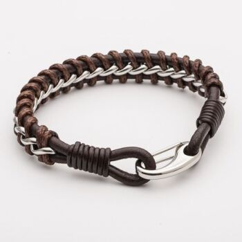 Tribal Men’s Wax Cord, Steel & Leather Bracelet - Brown