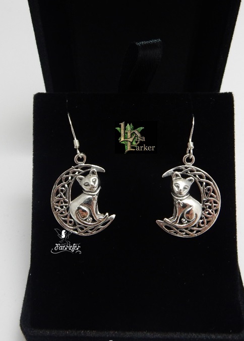 Silver Cat on Moon Earrings by Lisa Parker