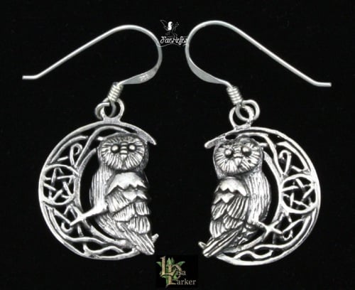Silver Owl on Moon Earrings by Lisa Parker