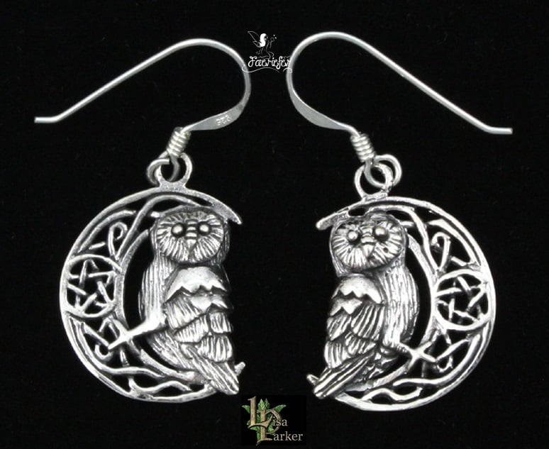 Silver Owl on Moon Earrings by Lisa Parker