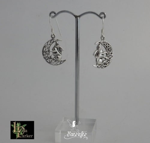 Silver Moon Gazing Hare Earrings by Lisa Parker