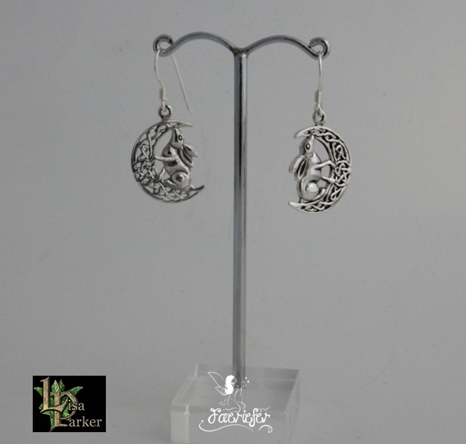 Silver Moon Gazing Hare Earrings by Lisa Parker