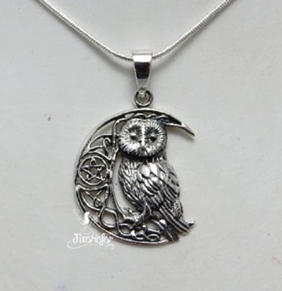 Sterling Silver Owl on pentagram Moon necklace by Lisa Parker