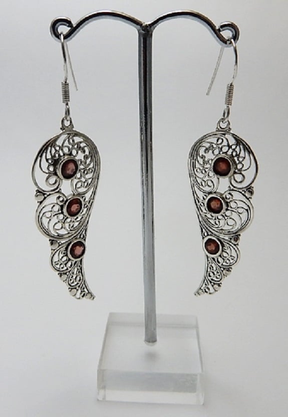 Sterling silver filigree Faerie Wing Earrings with garnet stones