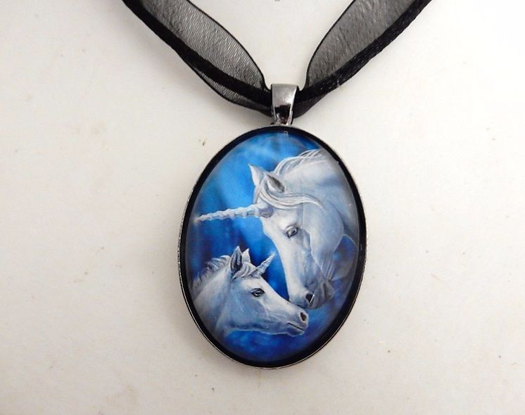 Sacred Love glass cabochon unicorns necklace by Lisa Parker