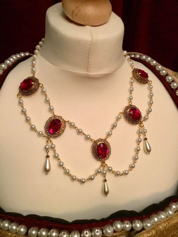 Regal Red Tudor Rose pearl drop necklace