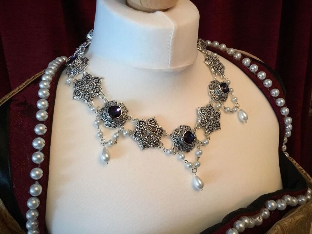 Amethyst Purple Tudor Snowflake pearl drop necklace