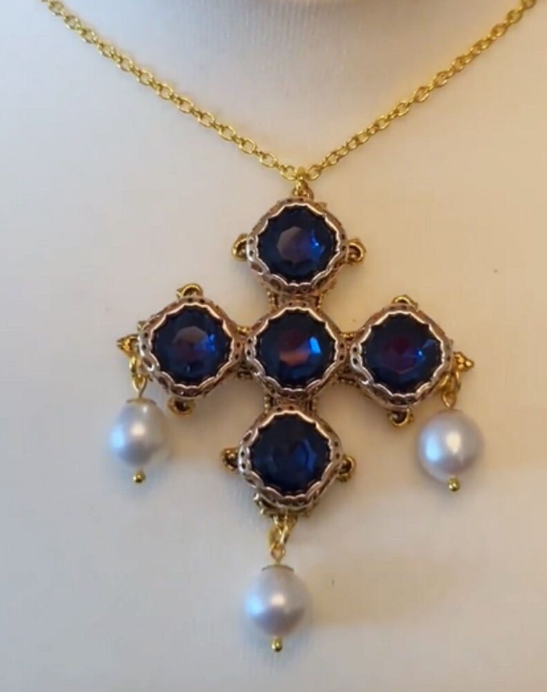 Queen's Cross necklace - Filigree cross with Royal Blue crystal