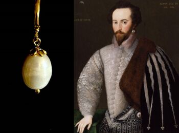 Cultured pearl earring, Sir Walter Raleigh replica, men's historical earring