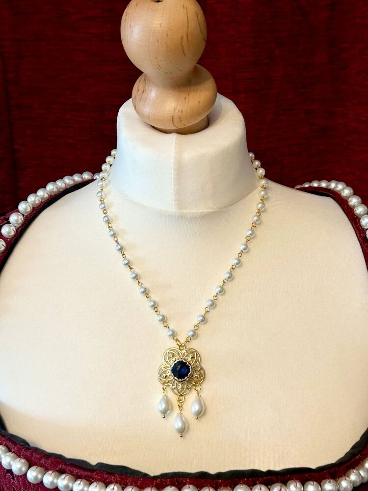 Tudor Rose Necklace: Crystal & Pearl Renaissance Jewellery