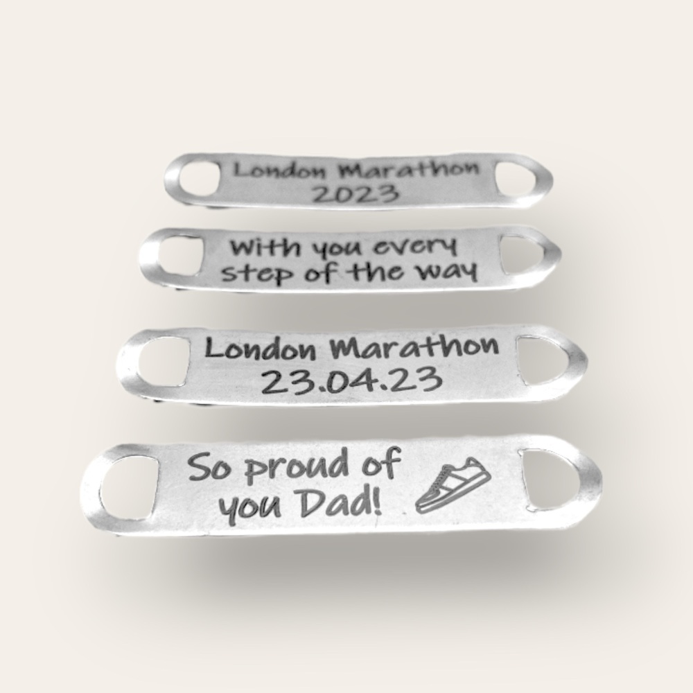 London Marathon 2023 | metal trainer lace tags | name with  good luck  mess