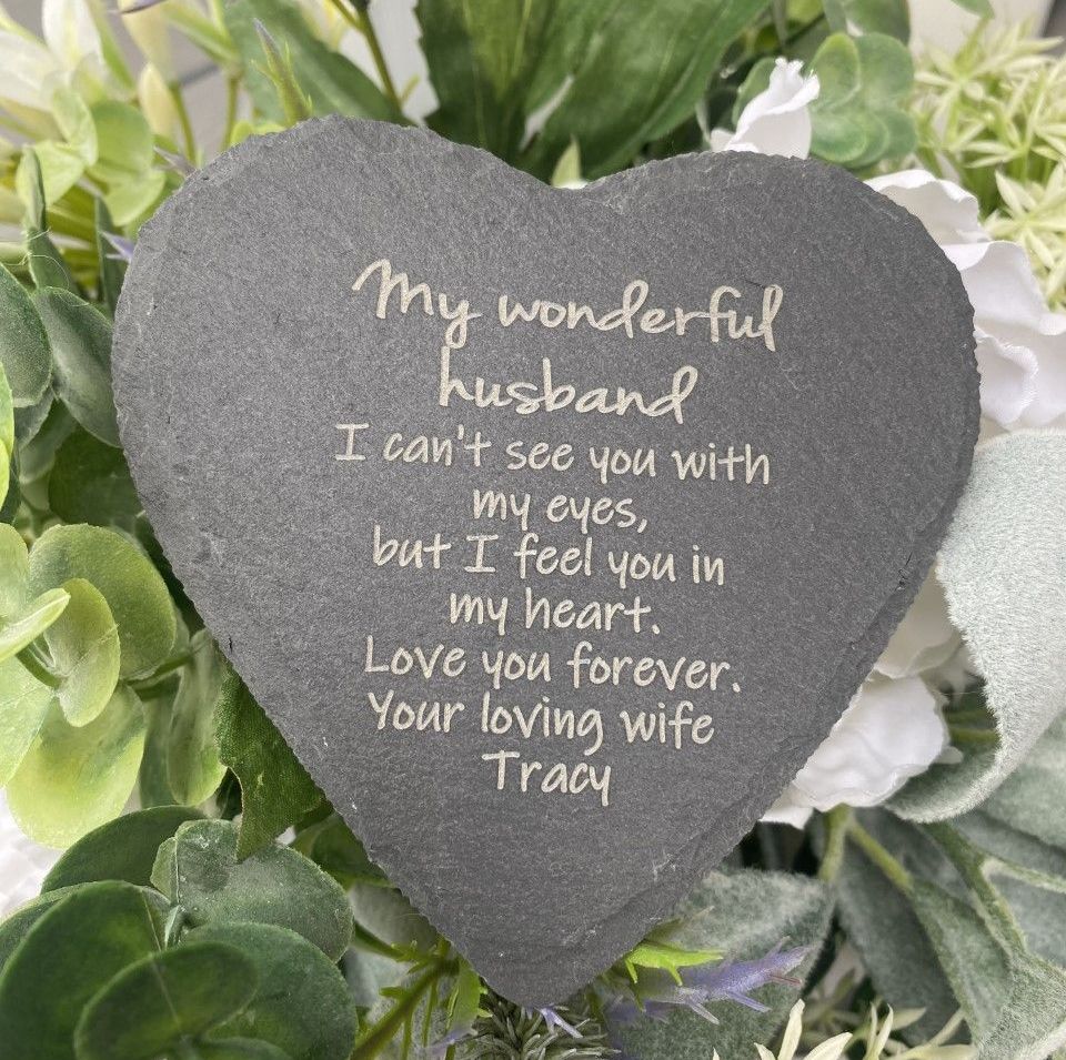 Husband memorial, slate heart plaque