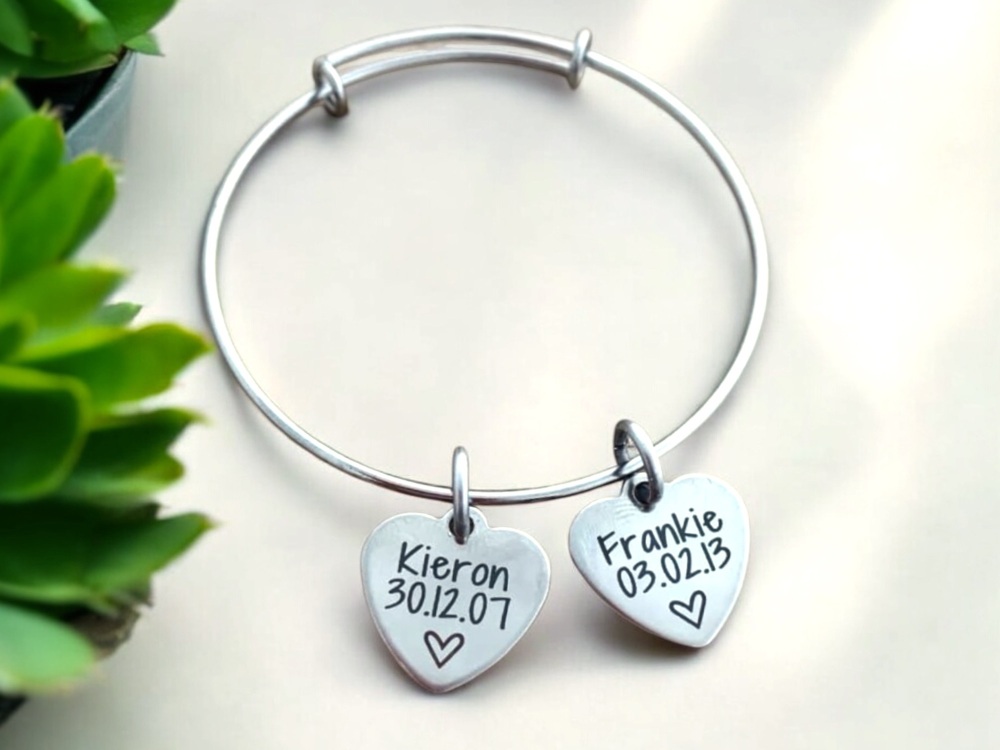 Personalised Adjustable Stainless Steel Bracelet with Heart Charms – Custom Name & D.O.B. Engraving