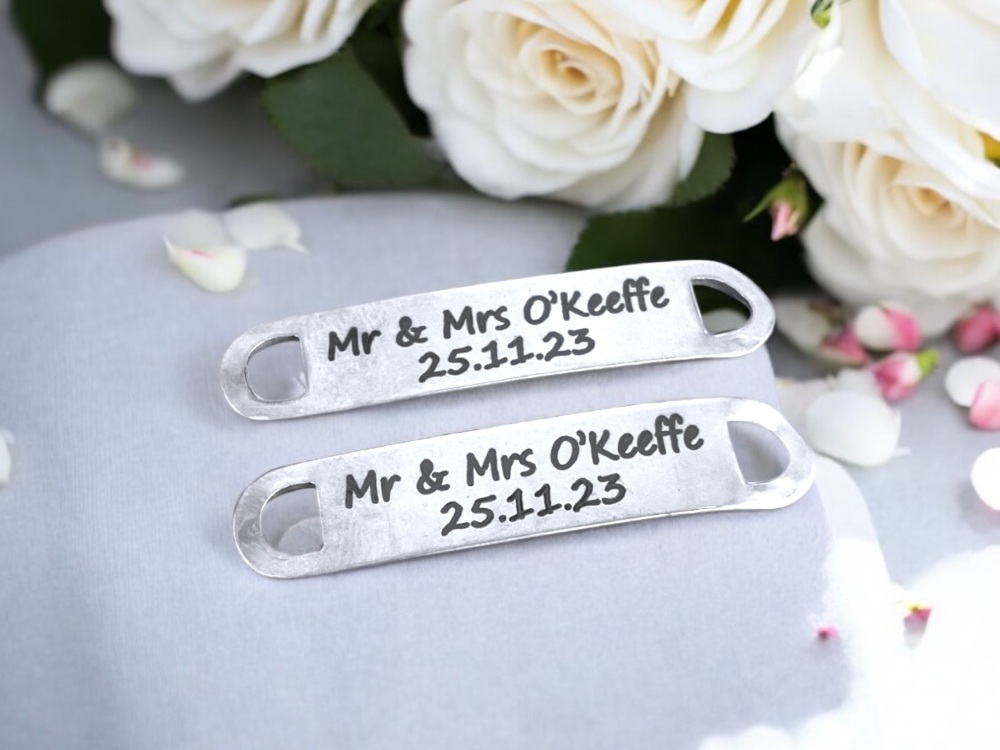 Personalised Metal Trainer Tags for Brides – Custom Engraved with Wedding D