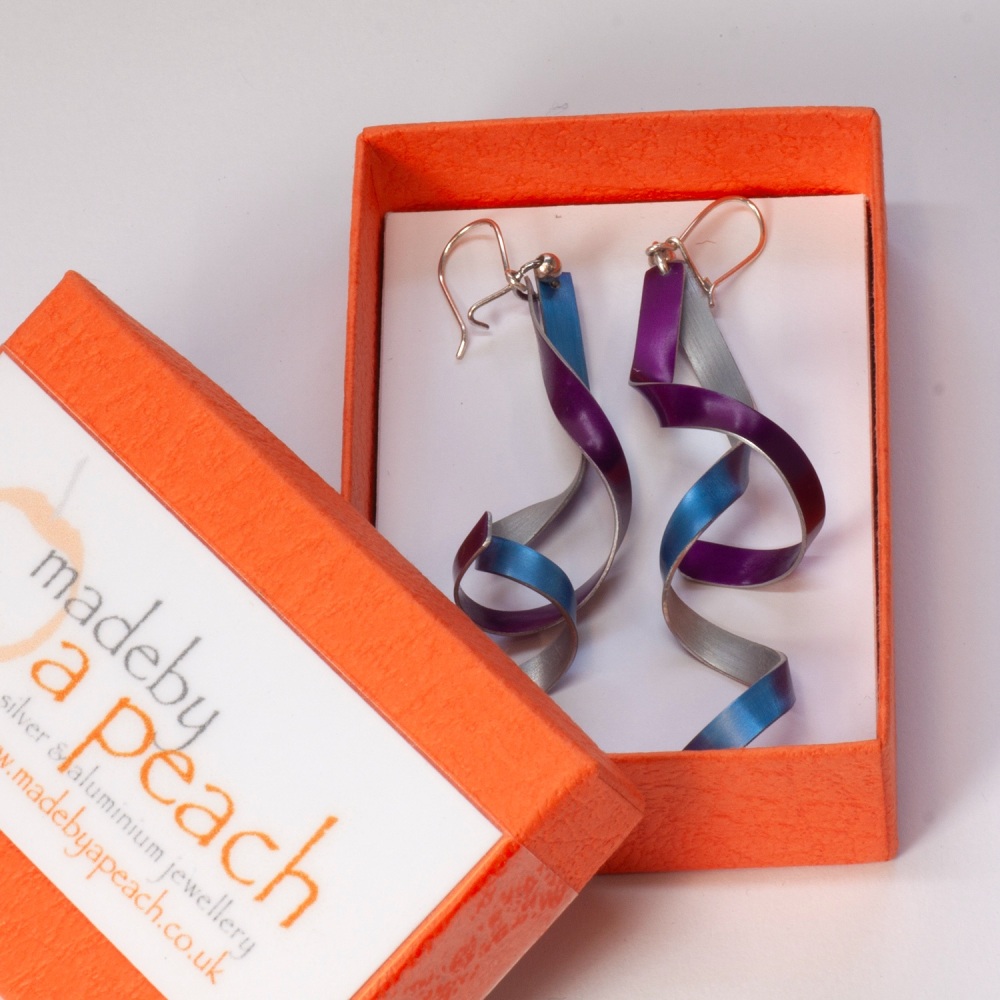 claret &amp; blue ribbon earrings in box. jpg