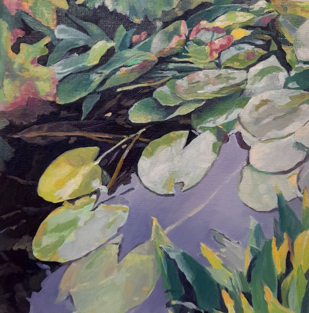 Lily Pad Pond Study, Oil on linen canvas, 25cm x 25cm, December 2023